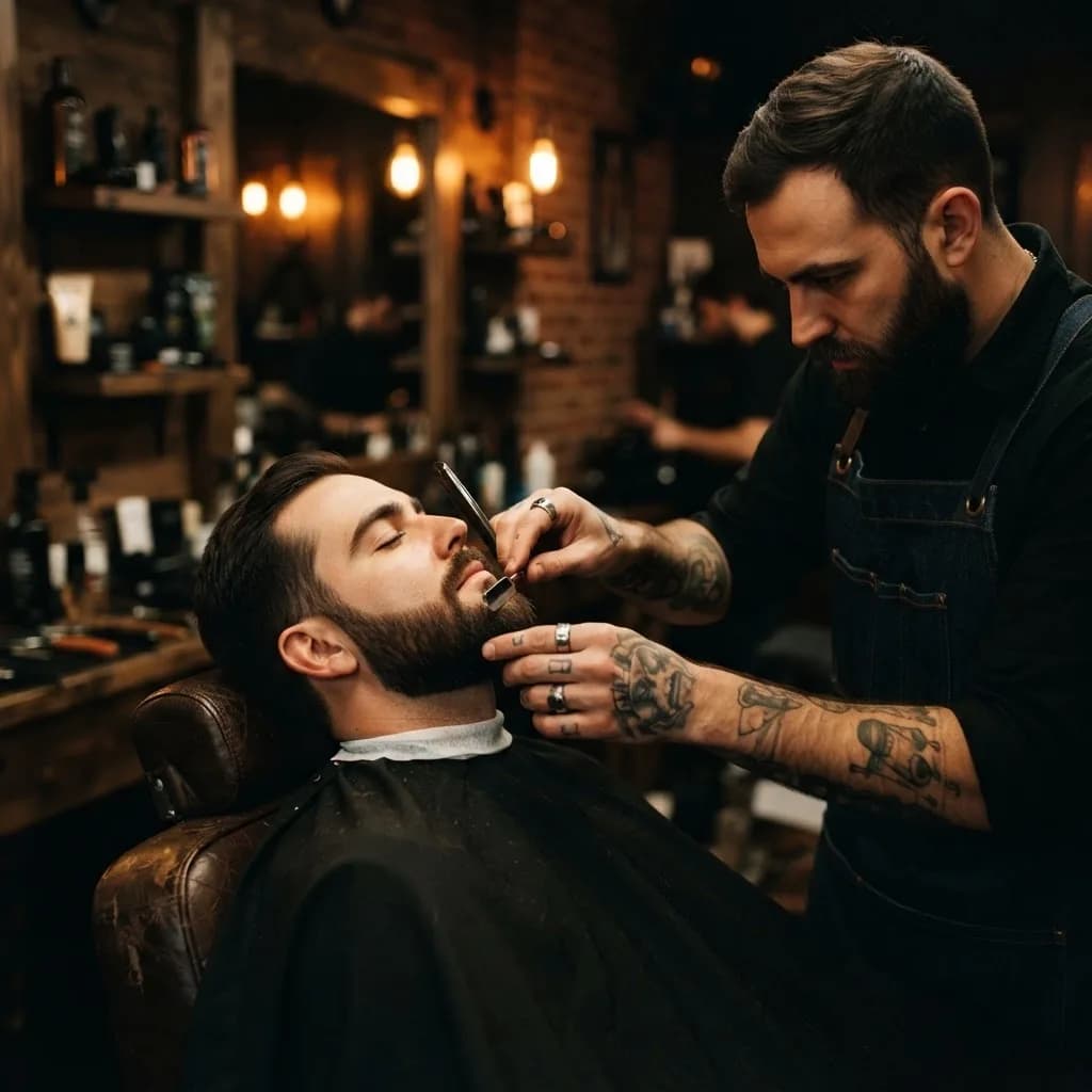 Barbeiro aparando a barba de um cliente com navalha